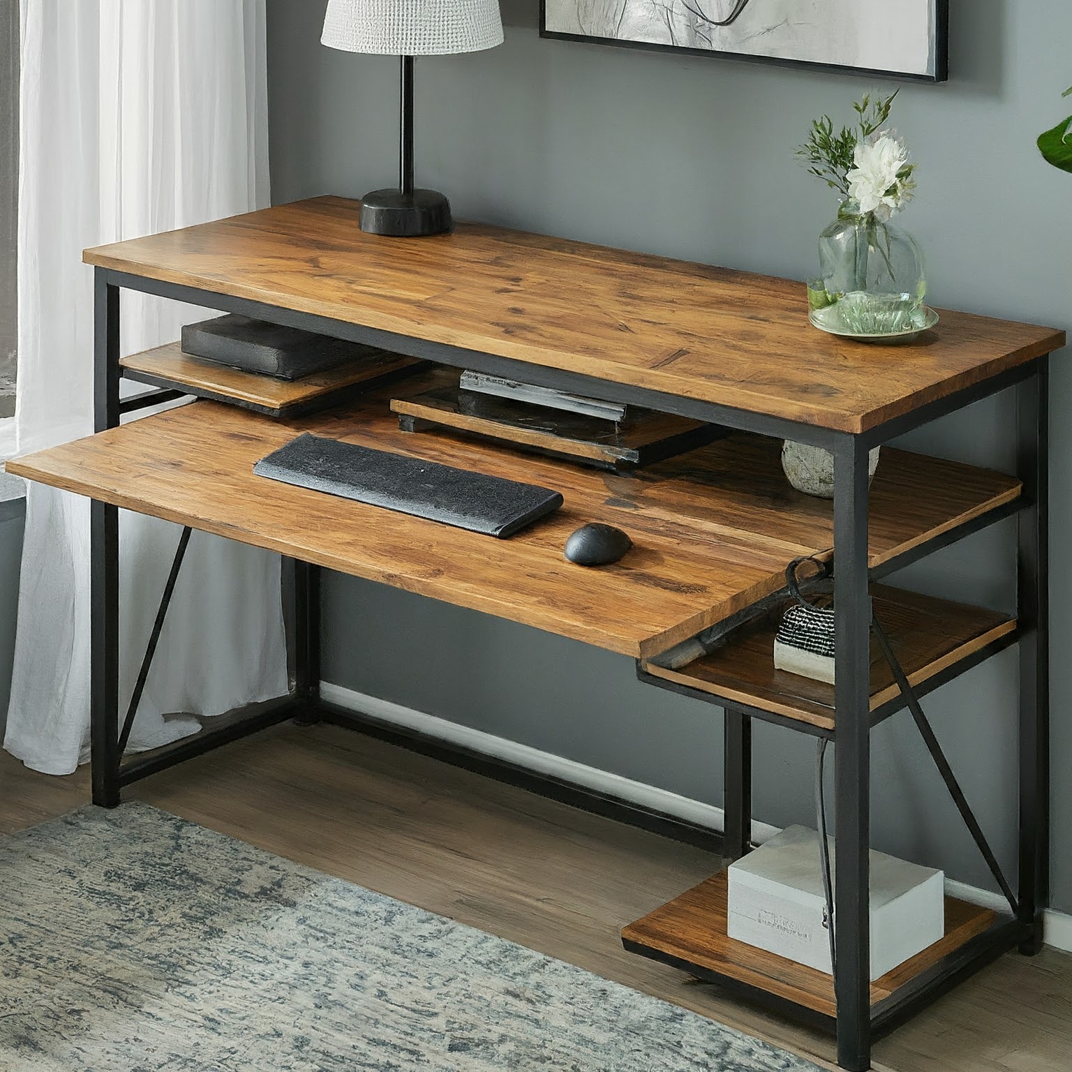 Modern computer workstation desk with cable management system, 48-inch engineered wood tabletop and metal frame, ideal for home office or professional setups