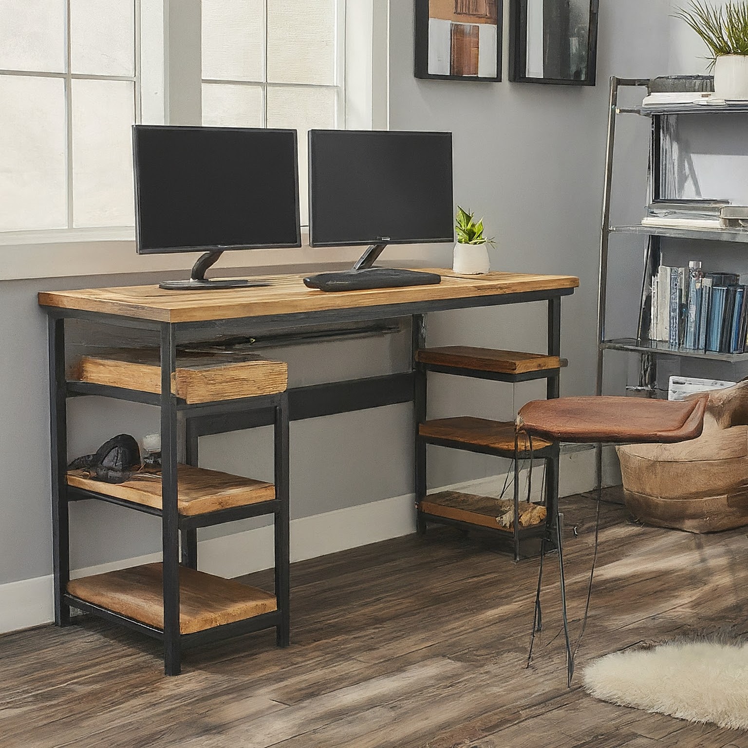 Modern computer workstation desk with cable management system, 48-inch engineered wood tabletop and metal frame, ideal for home office or professional setups