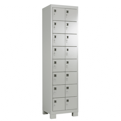 A light grey metal pigeonhole cabinet with multiple compartments, some open.