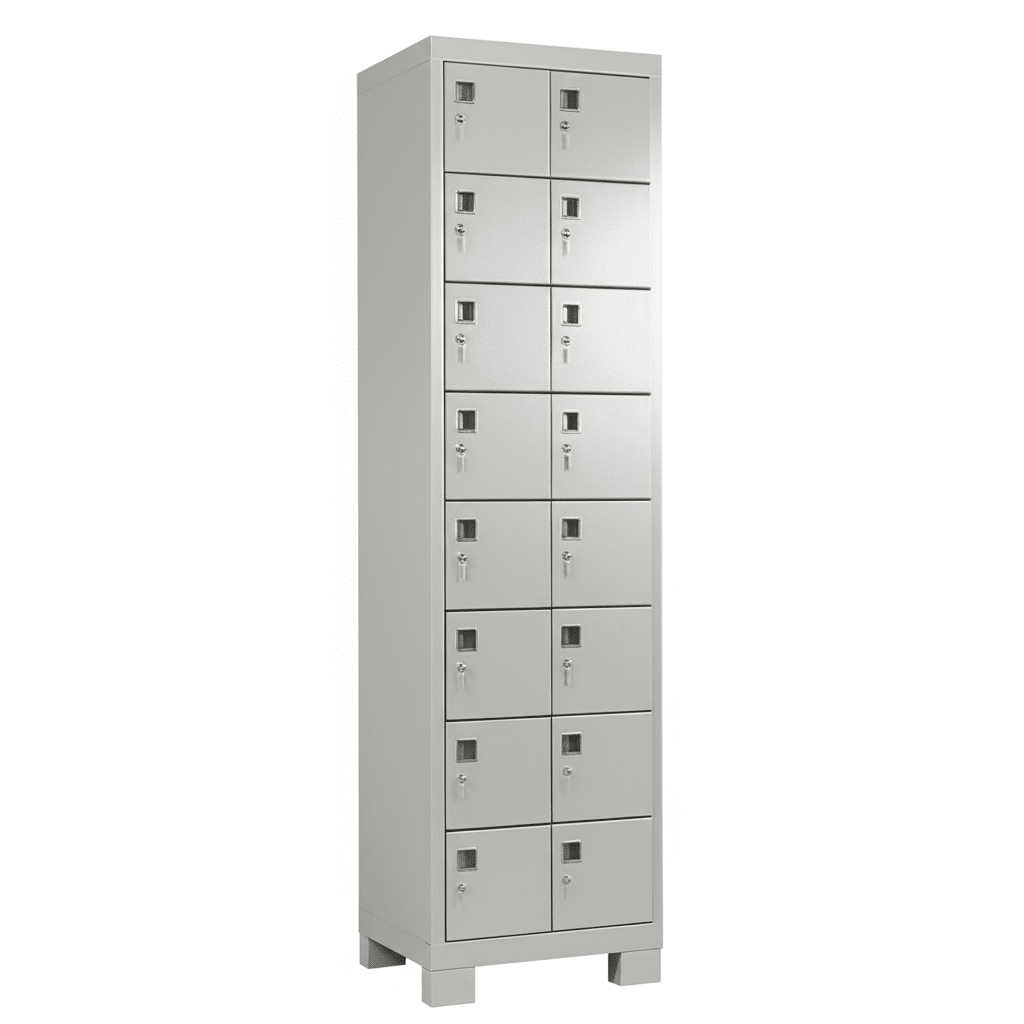 A light grey metal pigeonhole cabinet with multiple compartments, some open.
