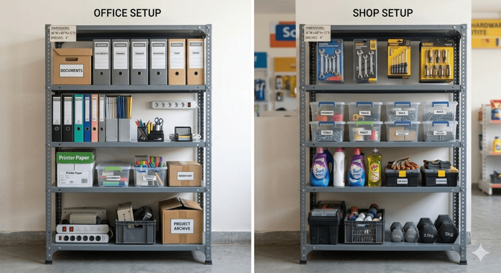 Heavy duty grey enamel slotted angle rack with 4 shelves for warehouse storage, 36x60x12 inches, shown holding industrial parts bins and cardboard inventory boxes.