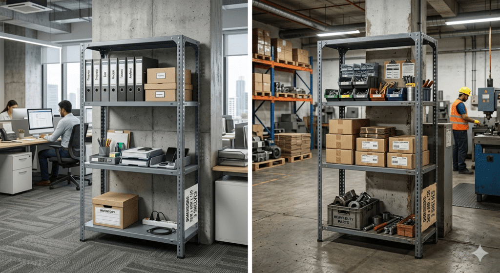 Slotted angle industrial storage rack 36W x 60H x 12D with 3 shelves in a modern office environment, used for organizing lever arch files and stationery boxes.