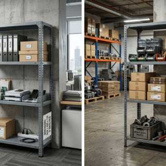 Slotted angle industrial storage rack 36W x 60H x 12D with 3 shelves in a modern office environment, used for organizing lever arch files and stationery boxes.