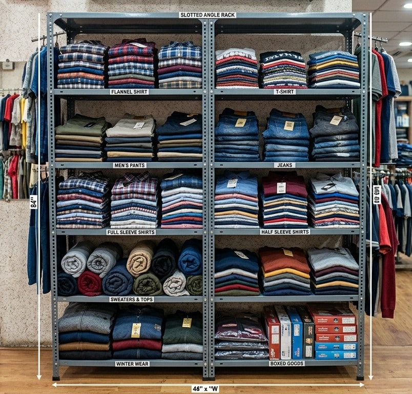 Garment display rack Pune — 84 inch slotted angle rack with category-labelled shelves for shirts, jeans, sweaters and clothing shop display