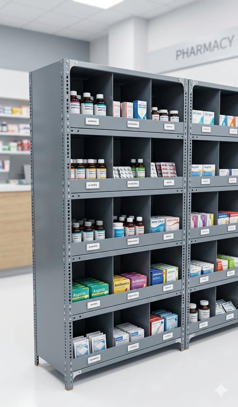 Medical shop racks Pune — grey powder-coated pharmacy display rack with adjustable shelves and category labels