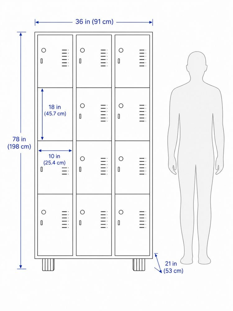 12-door steel locker dimension diagram, 78 inches tall, 36 inches wide, 21 inches deep
